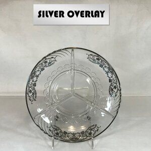 Vintage Silver Overlay Glass 3-Section Divided 9" Dish